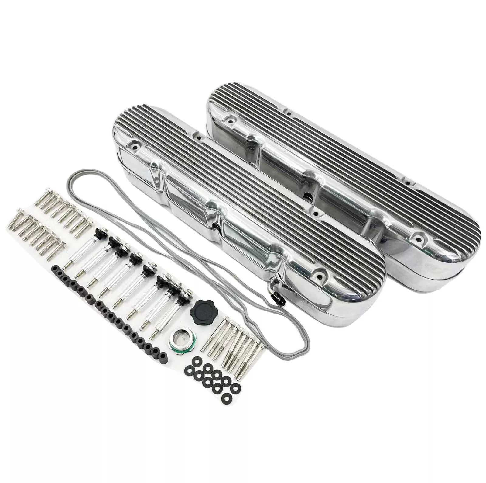 Aluminum finned Valve Covers w/ Coil Mounts & Cover for LS Engine Polished
