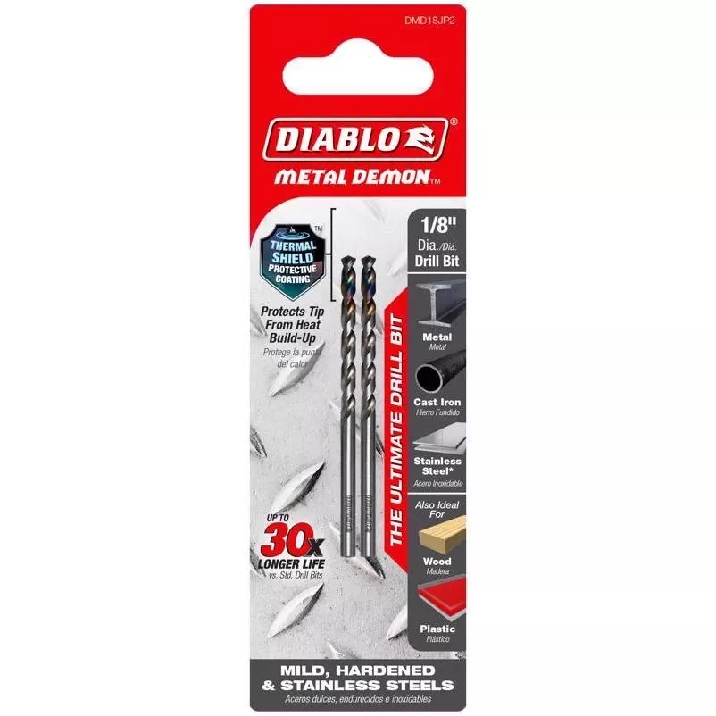 Diablo Metal Demon Stainless Steel Drill Bit – 1/8‑in. Diameter, 2.6‑in. Length, 3‑flat Shank, Pack Of 2