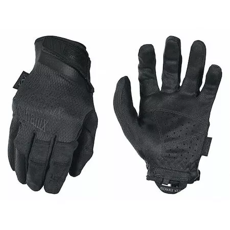Tactical Glove, Leather Palm, 11" Length, Hook-and-Loop Cuff, Full Finger, Tricot Lining, Black