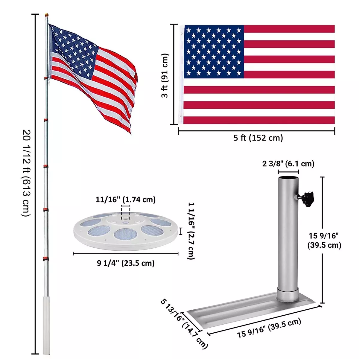 Yescom EZ GO Telescopic Flagpole with Light & Tire Mount